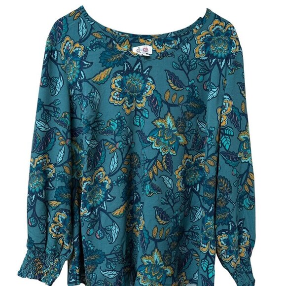 Denim & Co. Floral Blouse Plus Size 1X Teal Blue Long Sleeve Womens Top Pullover - Picture 5 of 8